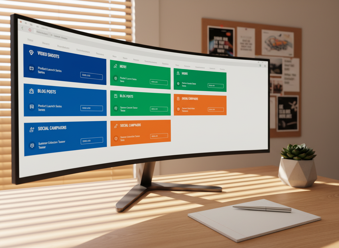A large, ultra-widescreen monitor displaying a vibrant content calendar in monthly view, with neatly color-coded blocks for video shoots, blog posts, and social campaigns. The screen sits on a pale oak desk beside a small geometric planter with a dark-green succulent and a slim, metallic pen aligned perfectly with a grid-patterned notebook. Late afternoon light streams through blinds, casting soft linear shadows across the desk surface and subtly emphasizing the texture of the wood. In the blurred background, mood boards with printed thumbnails of digital campaigns are pinned to a neutral wall. Photographic realism, slightly angled side view, balanced composition, creating a mood that is organized, forward-thinking, and quietly energetic.