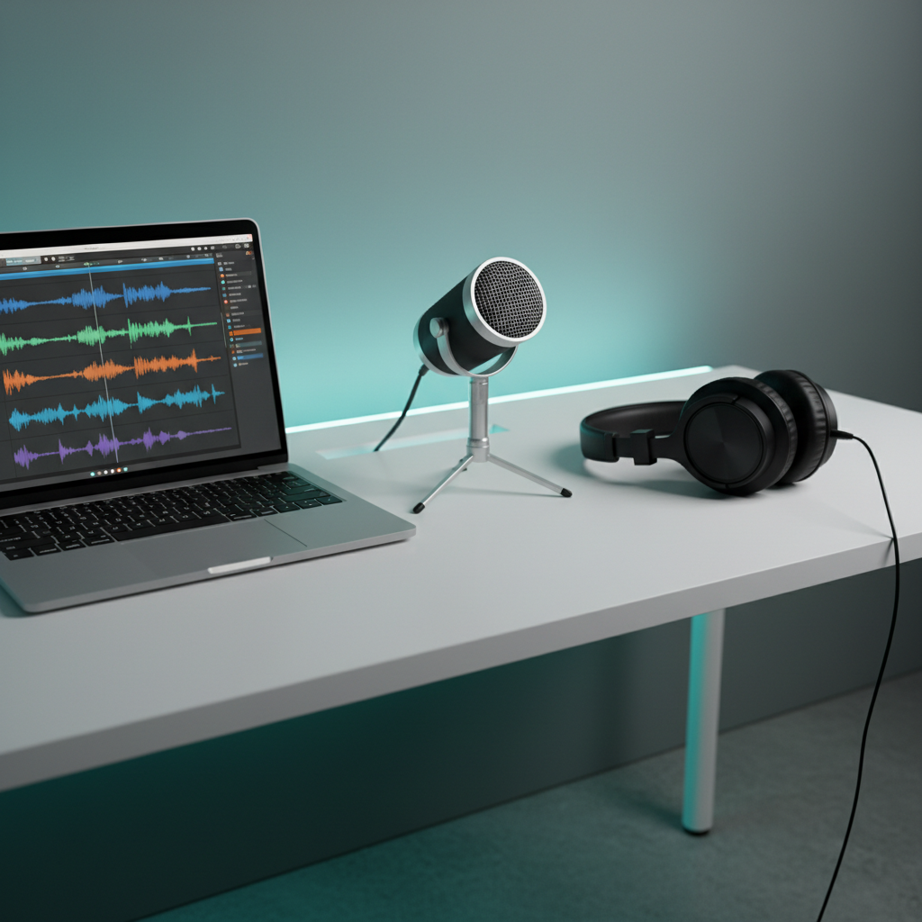 A minimalist content production setup on a matte white desk, featuring a compact, high-end podcast microphone on a sleek metal stand, positioned beside a laptop displaying an audio editing timeline with layered tracks and colorful waveforms. A pair of over-ear studio headphones with a soft leather texture rests neatly folded nearby. Soft, cool-toned LED strip lighting from the back edge of the desk casts a gentle glow onto the wall, creating a subtle gradient from deep teal to light gray. The scene is shot at a slightly elevated angle, with sharp focus on the microphone and laptop while the background fades gently. Photographic realism, clean and modern aesthetic, communicating professionalism in multimedia content creation.