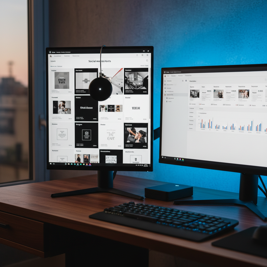 A dual-monitor setup on a walnut desk dedicated to social media content design. The left screen shows a grid of polished social posts in various aspect ratios, while the right screen displays a timeline of scheduled posts and performance metrics. Between the monitors sits a small, matte-black external hard drive with a discreet status light, and a color calibration device hangs momentarily over one screen. Subtle ambient LED lighting behind the monitors creates a halo effect in cool blue tones. Evening light from a side window is barely visible, allowing the screens’ glow to softly illuminate the keyboard and trackpad. Photographic realism, slightly off-center composition, mood is focused, technical, and distinctly professional.