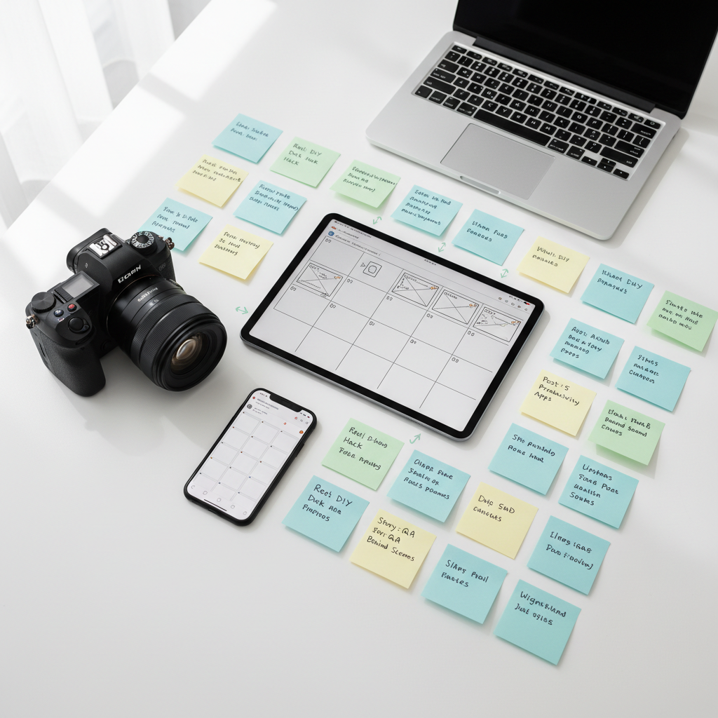 An overhead photographic view of a meticulously organized content creation flat lay on a clean white tabletop. A high-end mirrorless camera with a textured black body rests beside a tablet showing a storyboard of video frames and a smartphone open to a social media grid. Color-coded sticky notes with tiny, legible content ideas and arrows form a subtle grid around the devices. A slim silver laptop is partially open, casting a soft shadow. Diffused natural light from the left creates a bright, crisp, and modern feel with minimal reflections. The composition follows a precise grid layout, sharp focus throughout, evoking a sense of strategic planning, efficiency, and contemporary digital media design.