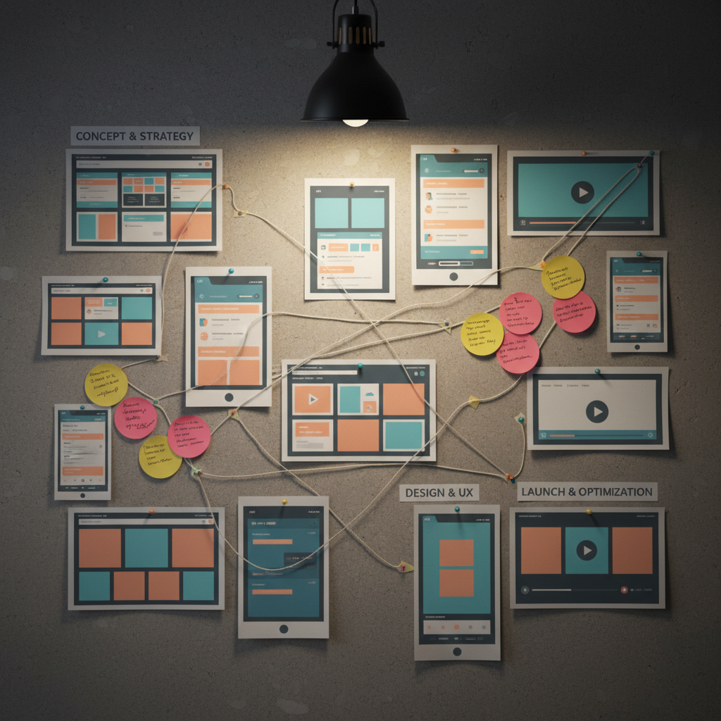 A storyboard wall for a digital campaign, composed entirely of printed frames and sticky notes arranged on a warm gray corkboard. Each frame shows stylized thumbnails of web pages, mobile screens, and video stills in a consistent brand palette of muted blues, soft coral, and charcoal. Thin cotton string connects key frames, creating a visual flow from strategy to execution. A black metal clip lamp mounted above shines focused, warm light downward, casting distinct but soft-edged shadows of the paper pieces onto the board. Photographic realism, straight-on composition with slight vignette, creating an atmosphere of methodical creativity and high-level strategic planning in content design.