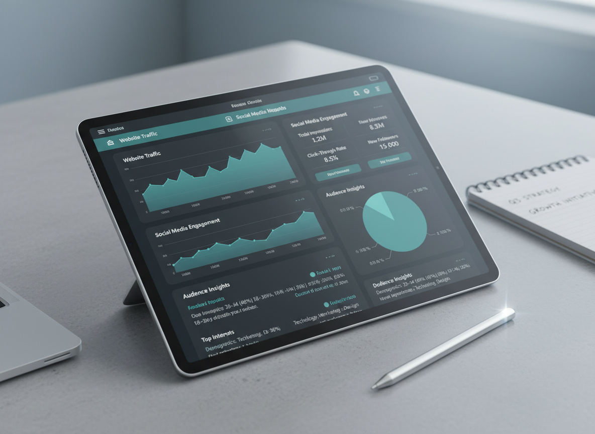 A high-resolution close-up of a tablet resting on a smooth concrete desk, displaying a polished digital media analytics dashboard with clear graphs, engagement metrics, and audience insights in a cohesive color palette of teal, charcoal, and white. A fine-tip stylus lies diagonally across the lower corner of the tablet, its metallic finish catching the light. The edges of a laptop and a notebook with neatly written headlines are softly visible at the frame’s periphery. Cool, diffused studio lighting from above and slightly to the right creates subtle highlights on the glass screen and stylus, with soft shadows that ground each object. Photographic realism, shallow depth of field, professional and data-driven mood, emphasizing precision and strategic decision-making.