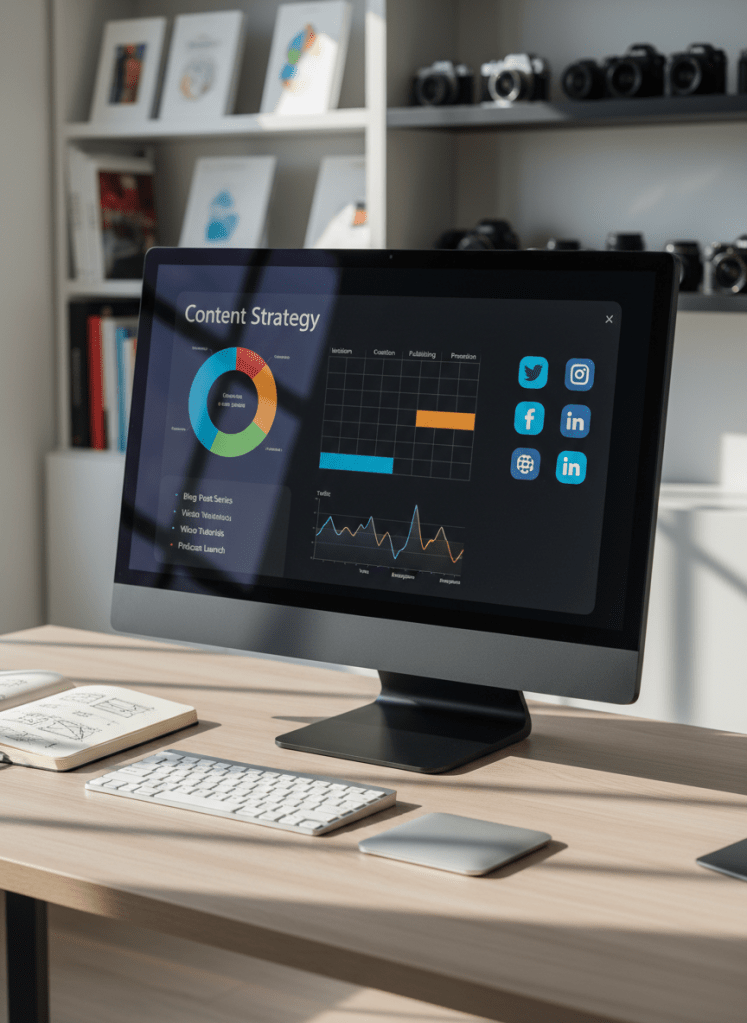 A sleek, modern workspace centered around a large, matte-black monitor displaying a clean content strategy dashboard with colorful charts, calendars, and social media icons. The monitor stands on a light ash-wood desk with a subtle grain, beside a minimalist notebook open to sketched content ideas and a slim silver keyboard. Soft daylight from an unseen window washes across the surface, creating gentle reflections on the screen and crisp, professional shadows. Background elements like blurred bookshelves and neatly arranged digital cameras are softly out of focus. Photographic realism, shot at eye level with a shallow depth of field, creating a calm, focused, and highly professional atmosphere that conveys digital media expertise and strategic thinking.